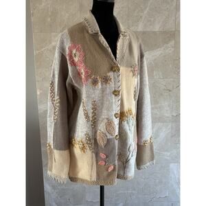 Storybook Knits Cardigan XL Beige Hand Knit Cottage Whimsical Spring Grandmacore